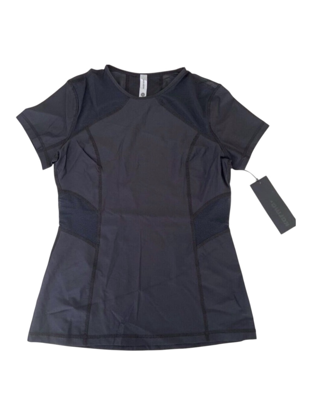 Karma Athletic Womens Black Short-Sleeve Fitted Active Top Mesh Panels New